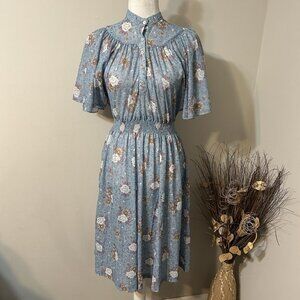 Vtg Jerell Petites 70's Women Blue Floral Midi Dress Semi Sheer CottageCore Sz 9